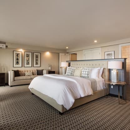 A spacious bedroom with a bed, sofa, sitting area with small table and chairs.